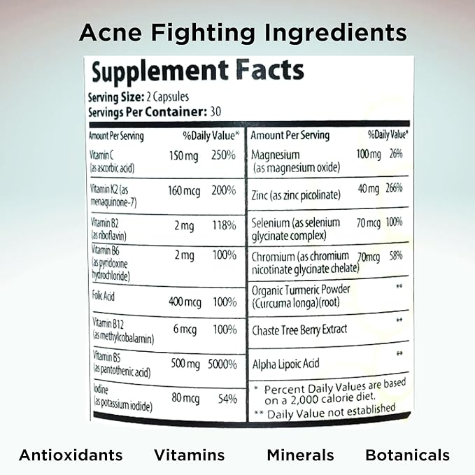Clear Skin Acne Vitamins Capsules | Complexion Supplements 60 Count Capsules Pack of 2