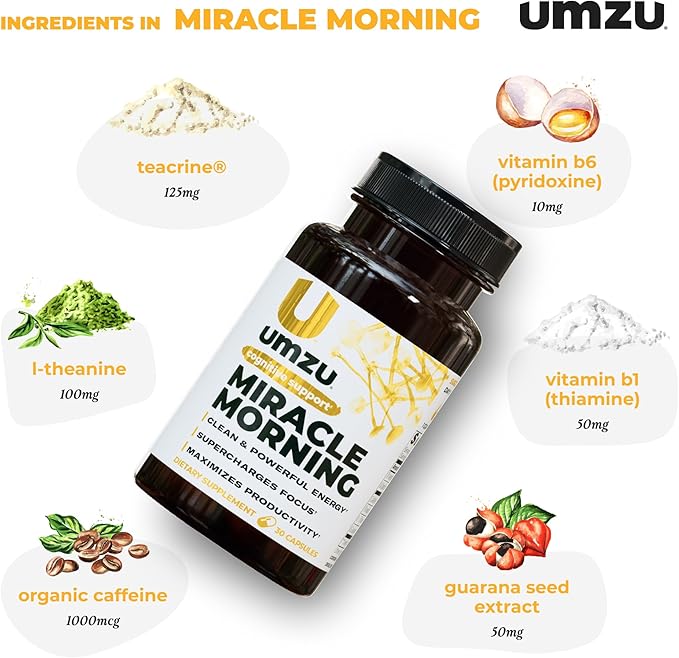 UMZU Miracle Morning Energy Supplement with Caffeine & Energy Enhancers | 150mg of Caffeine Supports All Day Focus, Productivity & Mood (30 Day Supply | 30 Capsules)