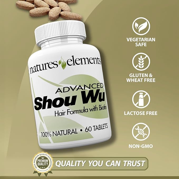 Natures Elements Advanced Shou Wu for Gray Hair – Prepared He Shou Wu for Hair Growth with Biotin, Bioperine, Fo-Ti Root & More – 100% Natural – 60 Tablets – Pack of 3 - Non-GMO, Gluten-Free