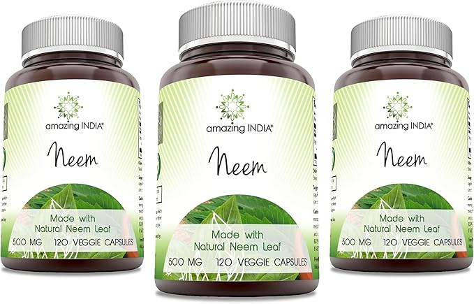 Amazing India Neem (Made with Natural Neem Leaf) 500 mg Veggie Capsules Supplement | Non-GMO | Gluten Free | Made in USA | Suitable for Vegetarians (120 | 3 Pack)
