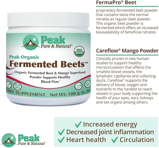 Peak Pure & Natural Peak Organic Fermented Beets - Organic Fermented Beet Powder Superfood Drink Powder - Nitric Oxide Supplement Support for Normal Blood Pressure