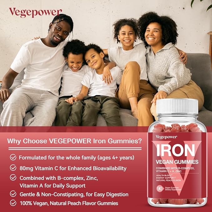 Vegan Iron Gummies Supplement - Multivitamin Supplement with Vitamin C, A, B & Zinc - Health Blood & Energy Support for Iron Deficiency, Anemia, No After Taste - Peach Flavor(2 Packs)