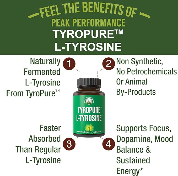 TyroPure L Tyrosine Supplement. More Bioavailable, Cleaner Version of L-Tyrosine. Vegan, Naturally Fermented 500mg Capsules for Mental Clarity, Dopamine. Mood Support for Women and Men