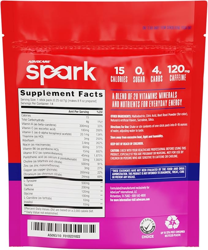 AdvoCare Spark Vitamin & Amino Acid Supplement - Focus & Energy Drink Powder Mix with Vitamin A, B-6, C & E - Also Includes L-Carnitine & L-Tyrosine - Fruit Punch, 14 Stick Packs