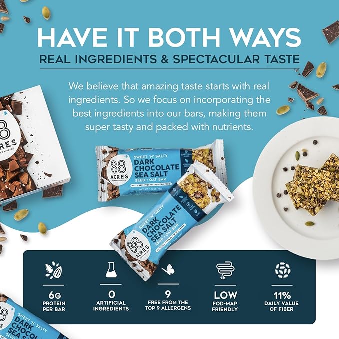 88 Acres Granola Bars | Dark Chocolate Sea Salt | Gluten Free, Nut-Free Oat and Seed Snack Bar | Vegan & Non GMO | 12 Pack