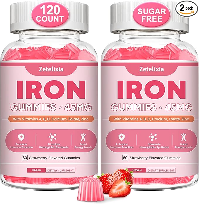 Vegan 2 Pack Iron Supplement Gummies for Women & Men, Anemia, Blood Builder & Energy Support for Iron Deficiency, with Vitamin C, A, B Complex, Folate, CoQ10, Sugar Free, Non-GMO, 120 Count