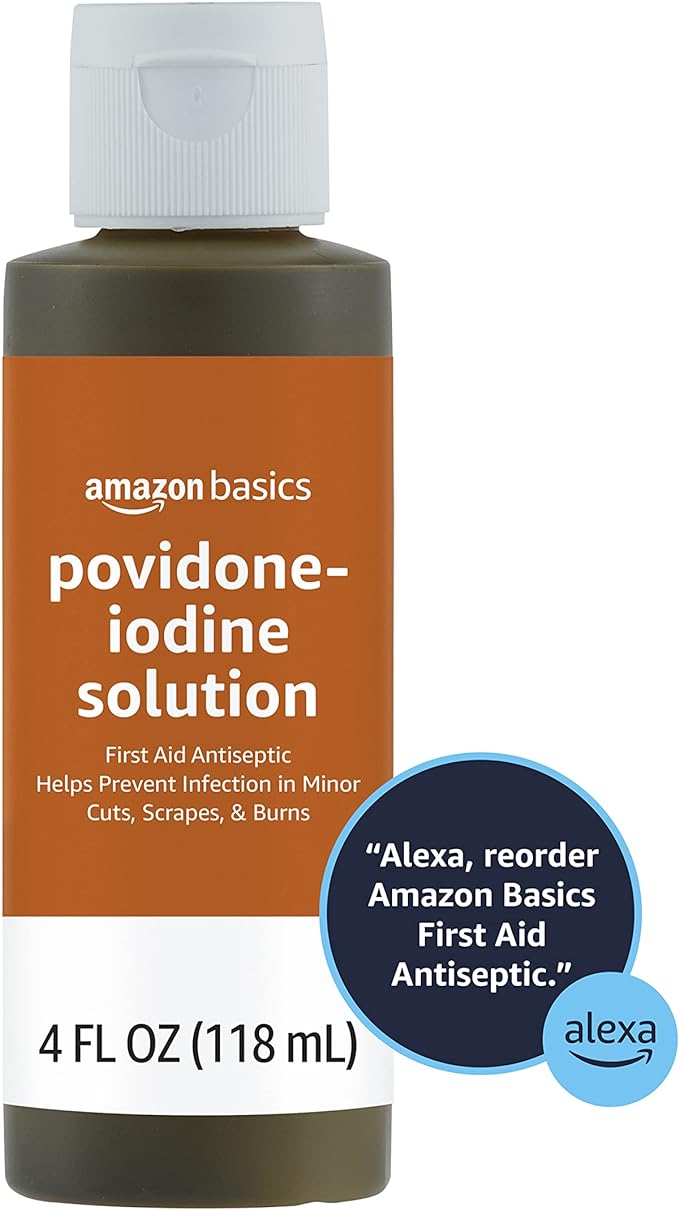 Amazon Basics First Aid Antiseptic, 10% Povidone Iodine Solution, 4 Fluid Ounces, 4-Pack (Previously Solimo)