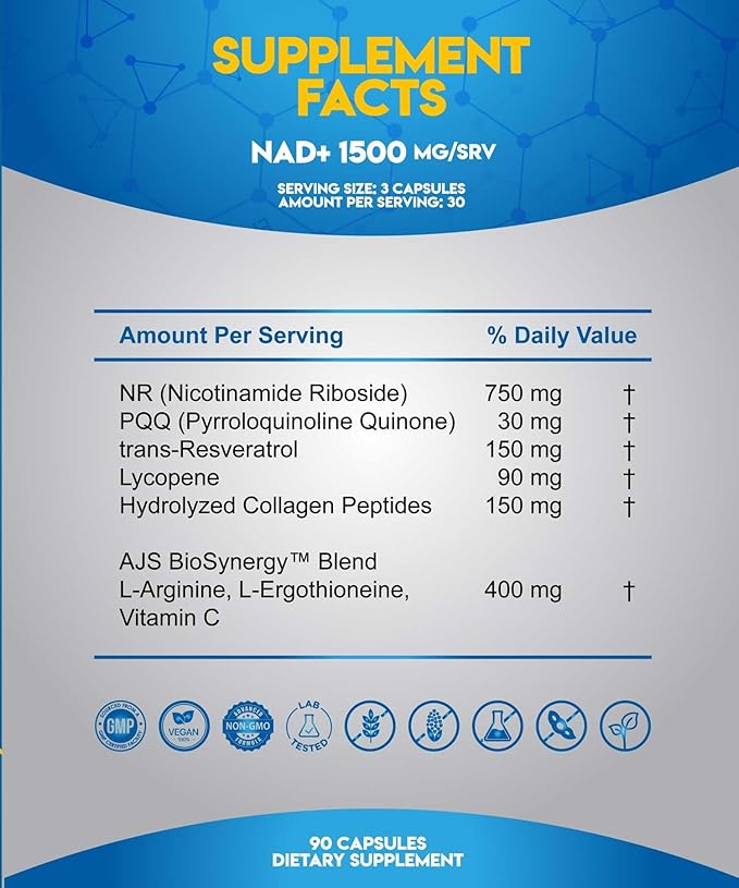 AJS NAD+ Cellular Energy – NR Supplement with PQQ, Resveratrol, Lycopene, Spermidine, L-Ergothioneine, and Collagen Peptides – 90 Capsules for Cellular Support