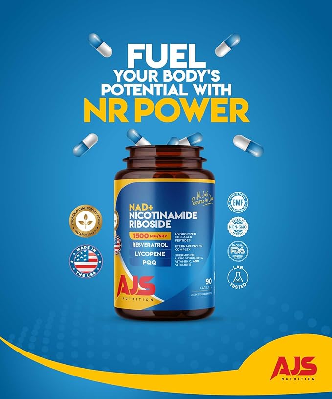 AJS NAD+ Cellular Energy – NR Supplement with PQQ, Resveratrol, Lycopene, Spermidine, L-Ergothioneine, and Collagen Peptides – 90 Capsules for Cellular Support