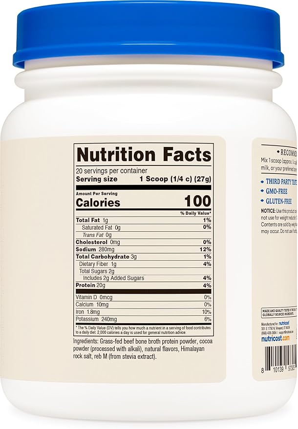 Nutricost Beef Bone Broth Protein Powder Chocolate (20 Servings) - Gluten-Free, GMO-Free