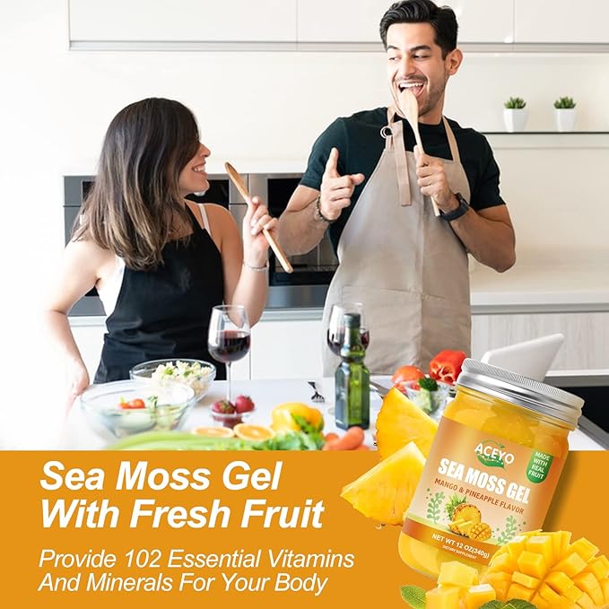 ACEYO (12 OZ) Irish Sea Moss Gel Raw Vegan Mango Pineapple Flavor 102 Vitamins and Minerals Wild Harvested Non-GMO Immune Defense Booster Thyroid Digestive Support