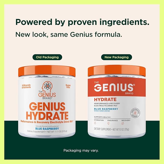 The Genius Brand Genius Hydrate - Electrolyte Supplement for Daily Hydration - Coconut Water - Sugar-Free - 8 Essential Minerals & Nutrients - Non-GMO - Blue Raspberry - 50 Servings