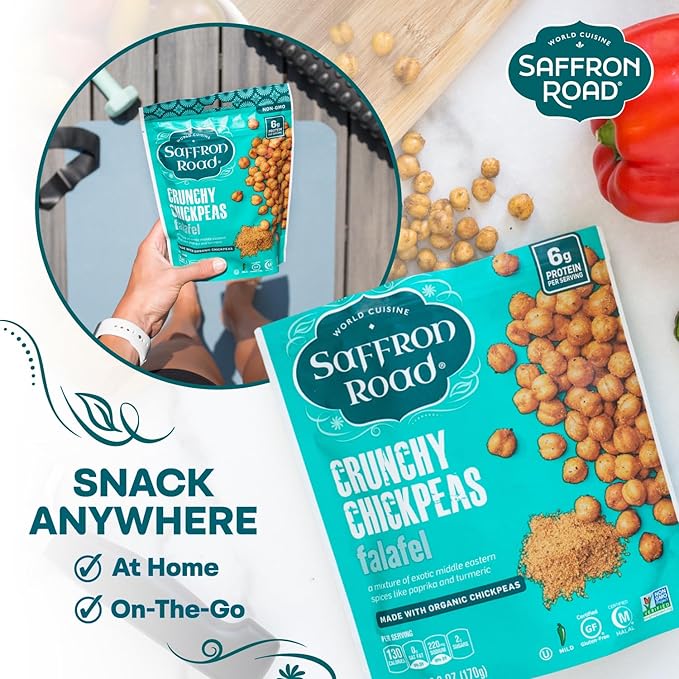 Saffron Road Roasted and Crunchy Falafel Chickpeas | High Protein Snacks | Gluten-free, Vegan, Non-GMO, and Certified Halal and Kosher | 5.4oz Pouch | Pack of 6