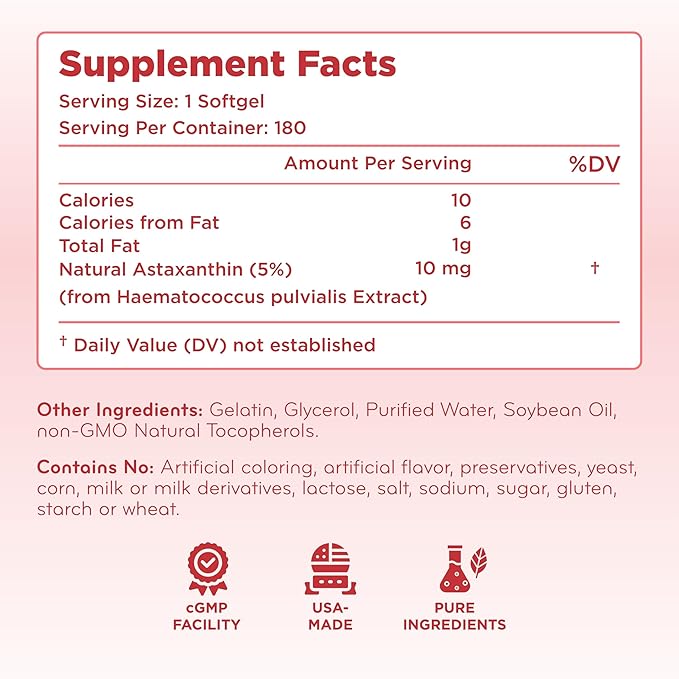 Algae Based Astaxanthin Supplement - Rapid Release Astaxanthin 10mg Non-GMO Super Potent Antioxidant and Carotenoid for Skin Immunity and Eye Health Support - Made in a cGMP US Lab (6 Month Supply)