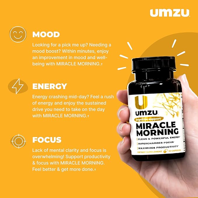 UMZU Miracle Morning Energy Supplement with Caffeine & Energy Enhancers | 150mg of Caffeine Supports All Day Focus, Productivity & Mood (30 Day Supply | 30 Capsules)