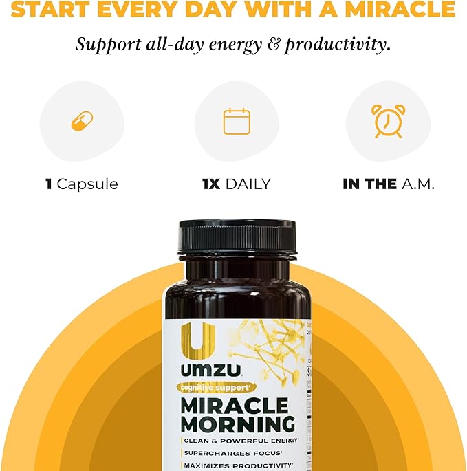 UMZU Miracle Morning Energy Supplement with Caffeine & Energy Enhancers | 150mg of Caffeine Supports All Day Focus, Productivity & Mood (30 Day Supply | 30 Capsules)