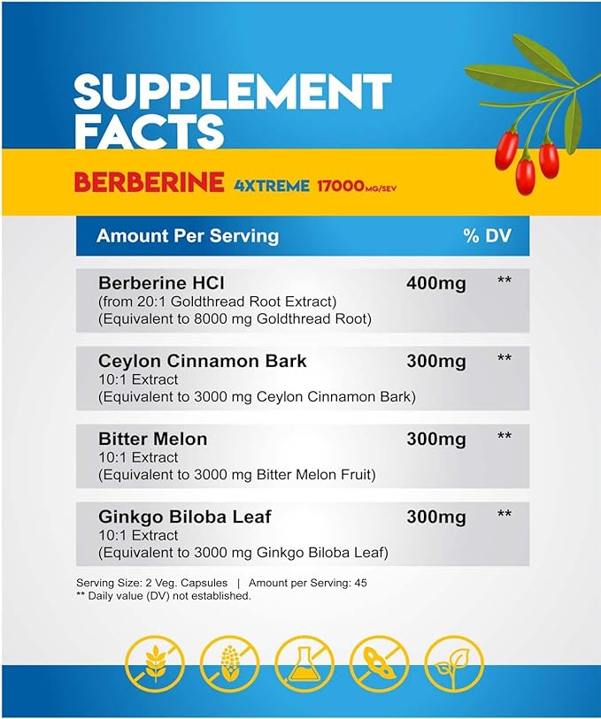 AJS Berberine Supplement with Ceylon Cinnamon & Ginkgo Biloba - Blood Sugar Support Supplement, High Potency Berberine HCl 400mg + Bitter Melon Extract, 90 Capsules, 45 Days Supply