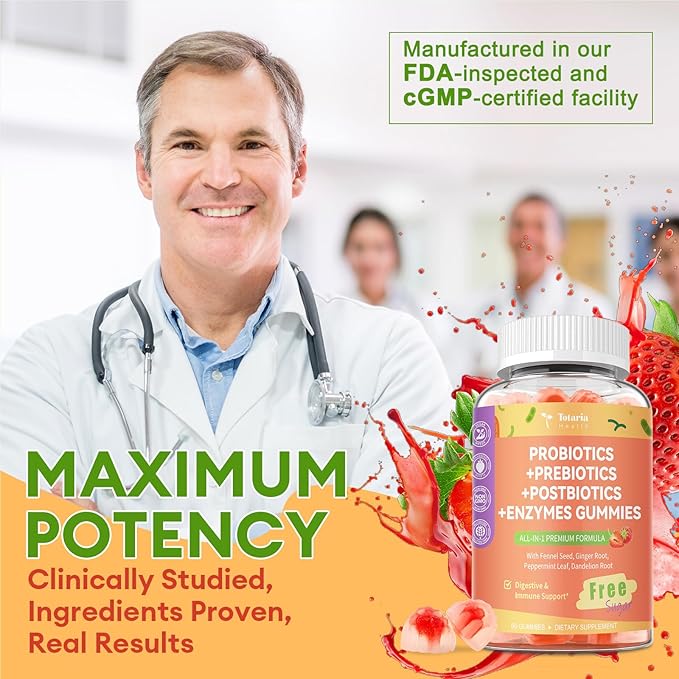 Sugar Free 5-in-1 Probiotic Prebiotic Postbiotic Gummy, 36 Strains Probiotics for Women Men with Digestive Enzymes, Peppermint, Complete Immune, Gut & Digestive Support, Vegan, 60 Counts