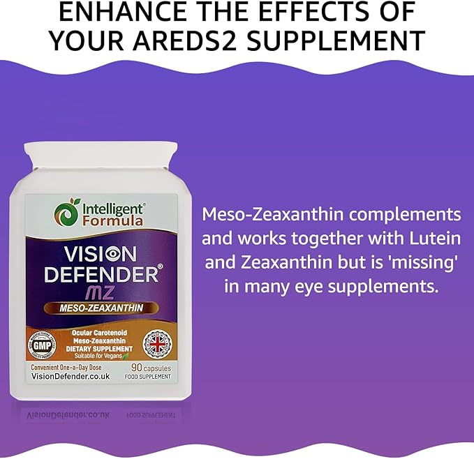 Vision Defender Meso Zeaxanthin Vegan Eye Supplement MZ- Protect and Improve Ocular Health & Eye Care, High Strength Antioxidant Carotenoid Meso-Zeaxanthin for Eyes (90 Capsules/One Daily) Made in UK