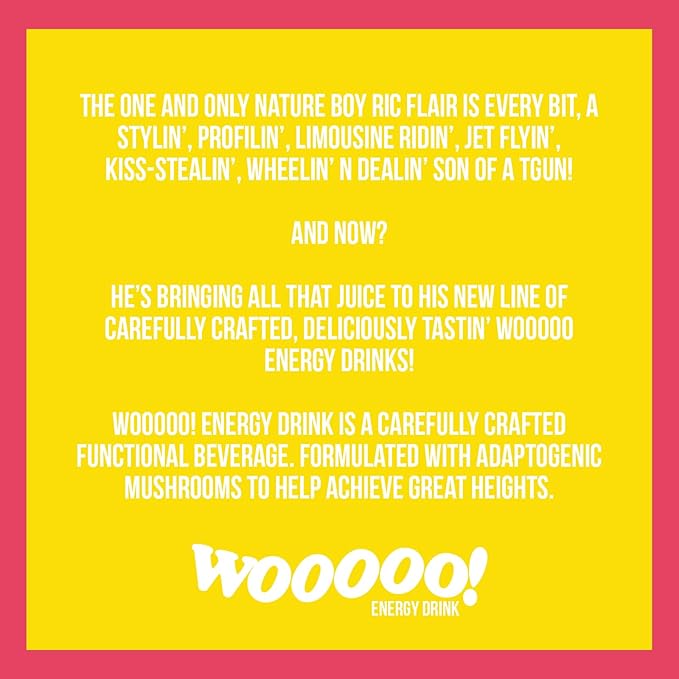 Wooooo! Energy Ric Flair Sparkling Adaptogenic Mushroom Energy Drink | Natural Antioxidants & Nootropics | Lion’s Mane & Cordyceps | 150mg Caffeine | 12 Pack (Strawberry Banana)