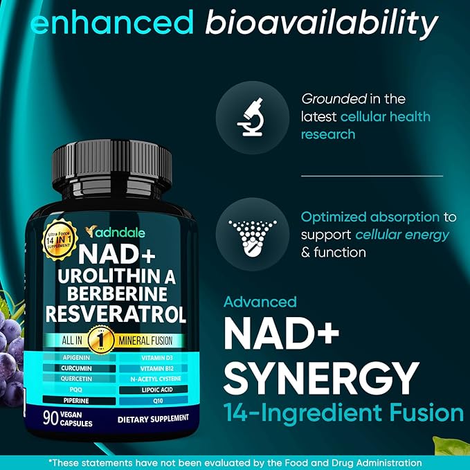 Adndale NAD Supplement for Women and Men. Longevity Formula with Liposomal NAD+, Trans Resveratrol, Urolithin-A, Berberine, CoQ10. NMN Supplement Alternative. 90 Count