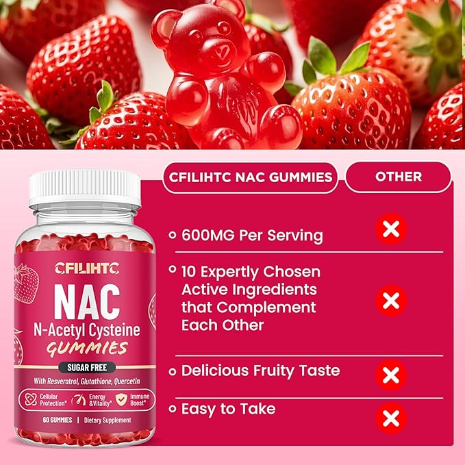 (2 Pack) NAC Gummies 600mg, N Acetyl Cysteine Supplement with Glutathione, Resveratrol, Magnesium, CoQ10, NAC Chewable for Antioxidants & Immune Support, Strawberry Flavor 120 Gummies
