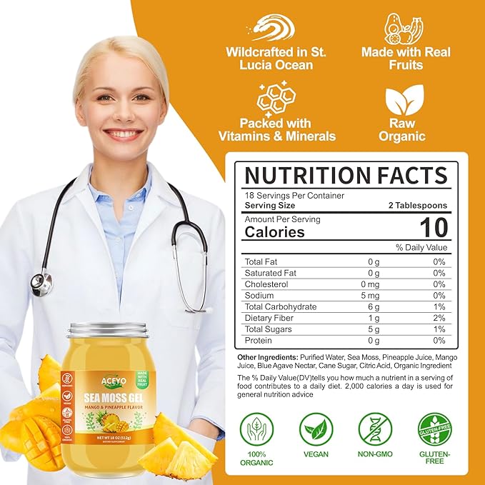 ACEYO (18 OZ) Irish Sea Moss Gel Raw Vegan Mango Pineapple Flavor 102 Vitamins and Minerals Wild Harvested Non-GMO