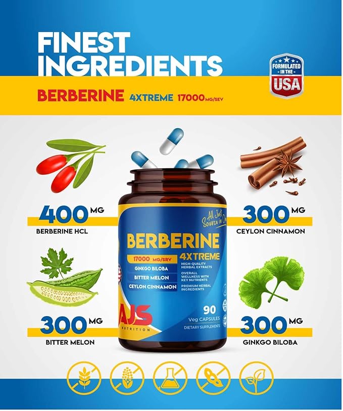 AJS Berberine Supplement with Ceylon Cinnamon & Ginkgo Biloba - Blood Sugar Support Supplement, High Potency Berberine HCl 400mg + Bitter Melon Extract, 90 Capsules, 45 Days Supply