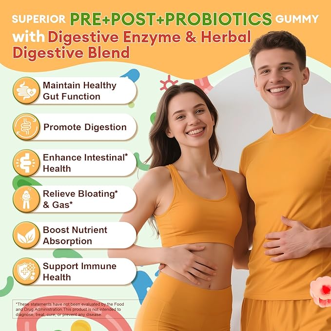 Sugar Free 5-in-1 Probiotic Prebiotic Postbiotic Gummy, 36 Strains Probiotics for Women Men with Digestive Enzymes, Peppermint, Complete Immune, Gut & Digestive Support, Vegan, 60 Counts
