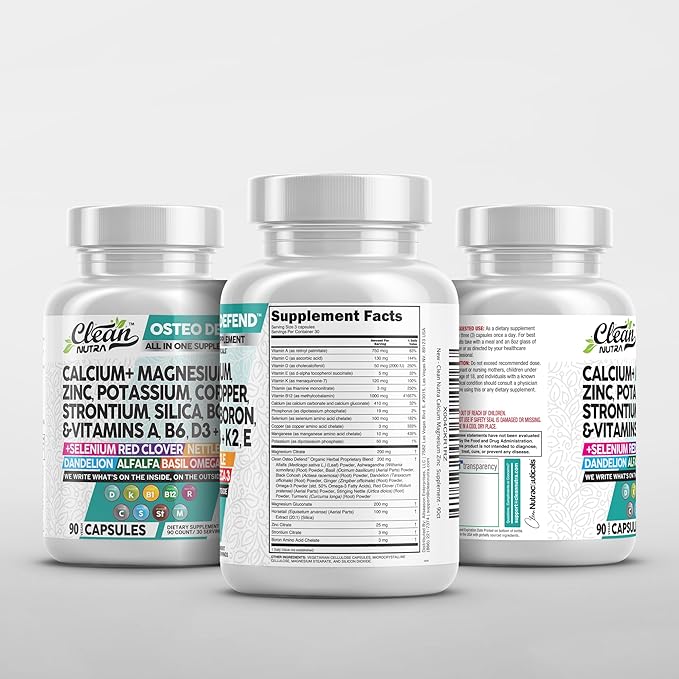 Allin1 Calcium Magnesium Zinc Supplement with Potassium, Copper, Strontium, Silica, Vitamin D3 K2, Boron, Vitamin B1 B12 Red Clover Herb Alfalfa Basil Pills for Men & Women Clean Nutra Osteo Defend