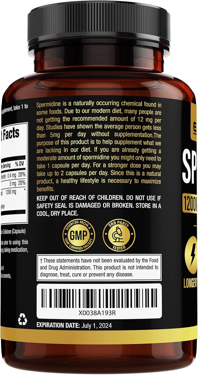 Spermidine Supplements 1200mg (90 Capsules) ā Anti Aging - 3rd Party Tested (12mg Spermidine Powder) Max Purity - 100% Pure Espermidina- Fermented Wheat Germ Extract - NMN Alternative