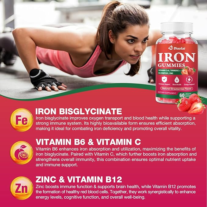 Vegan Iron Gummies - High Potency Iron Supplement for Women & Men - Supports Energy & Immune Health - Strawberry Flavor (120 Count)