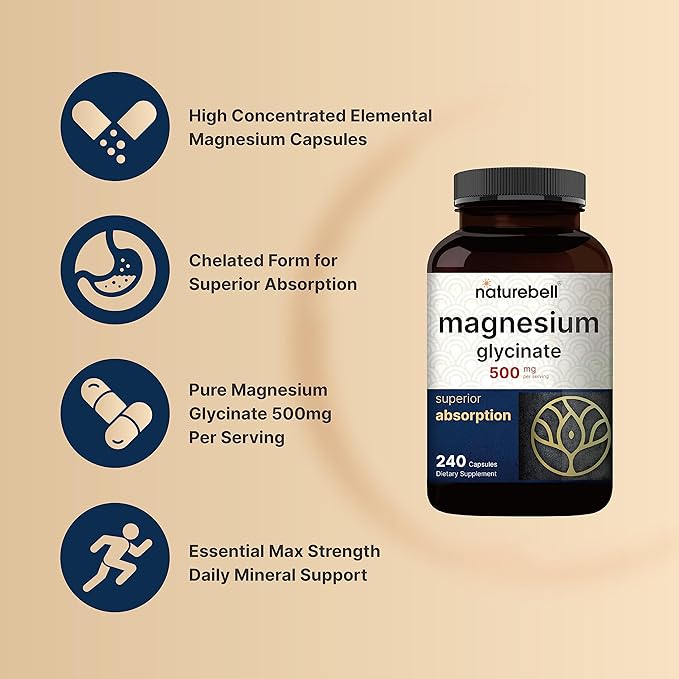 NatureBell Magnesium Glycinate 500mg, 480 Capsules (2 Pack) | 100% Chelated for Max Absorption | Muscle, Enzyme & Heart Support | Non-GMO, Gluten-Free