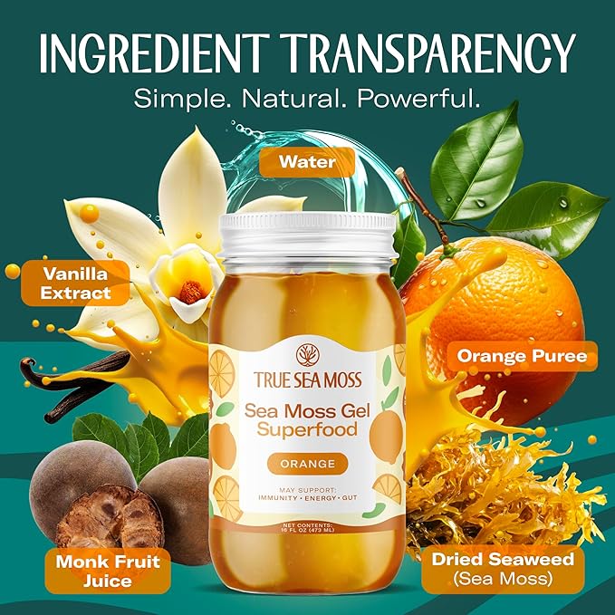 TrueSeaMoss Sea Moss Gel – Made in USA – Wildcrafted Seamoss, Fresh Fruits & Sea Vegetables – Orange, Pack of 1 (Labels may Vary)