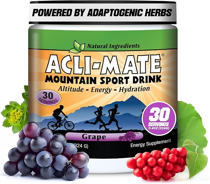 Acli-Mate Mountain Sport Drink Mix - Energy Powder Supplement - High Altitude Acclimatization Hydration - Recovery Drink for Running, Cycling, Hiking, Workout, Skiing, Travel & More - 1 Tub (Grape)