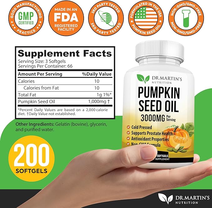 3000mg Cold Pressed Pumpkin Seed Oil | DHT Blocker | Promotes Hair Growth | Supports Heart, Skin, Prostate & Urinary Health | Contains Vitamins, Minerals & Omega 3, 6 & 9 For Anti-Aging | 200 Softgels
