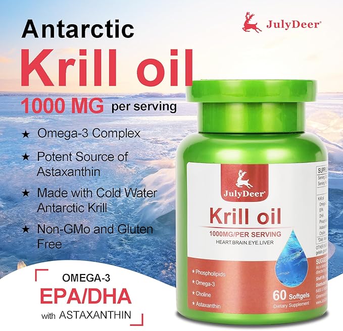2 Bottles Antarctic Krill Oil 1000 mg with Omega-3s EPA, DHA, Astaxanthin and Phospholipids 60 Softgels Supplement No Fishy Aftertaste for Joint, Heart, Brain and Immunity - 120 Softgels