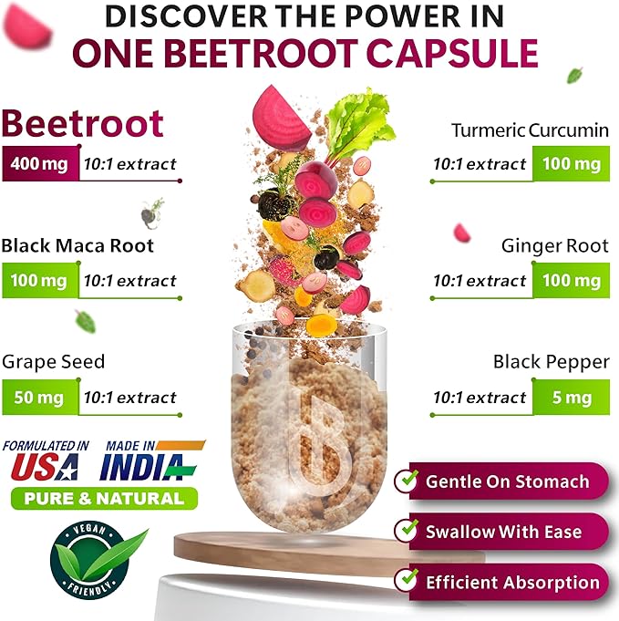 6in1 Beetroot Supplement with Maca Root, Grape Seed, Ginger, Turmeric and Black Pepper for Heart Health & Immune Support - 100 Vegan Capsules