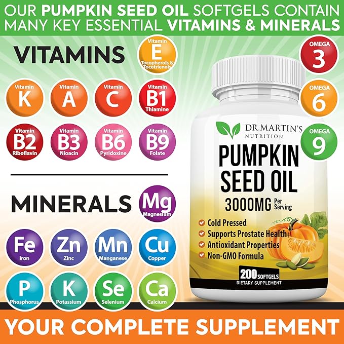 3000mg Cold Pressed Pumpkin Seed Oil | DHT Blocker | Promotes Hair Growth | Supports Heart, Skin, Prostate & Urinary Health | Contains Vitamins, Minerals & Omega 3, 6 & 9 For Anti-Aging | 200 Softgels