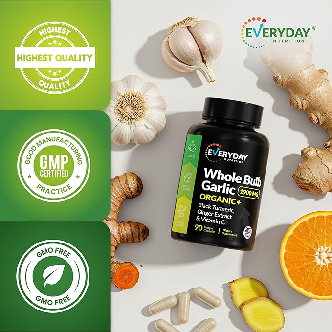 4-in-1 Organic Odorless Garlic with Black Turmeric Supplements, 1900 mg Organic Whole Bulb Garlic, Turmeric, Ginger Extract & Vitamin C (90 ct)