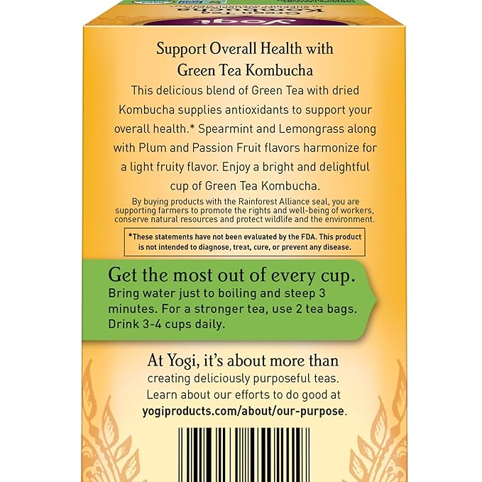 Yogi Tea Green Kombucha Tea - 16 Bags per Pack (4 Packs) - Organic - With Kombucha to Support Overall Health - Includes Lemongrass, Spearmint Leaf & More