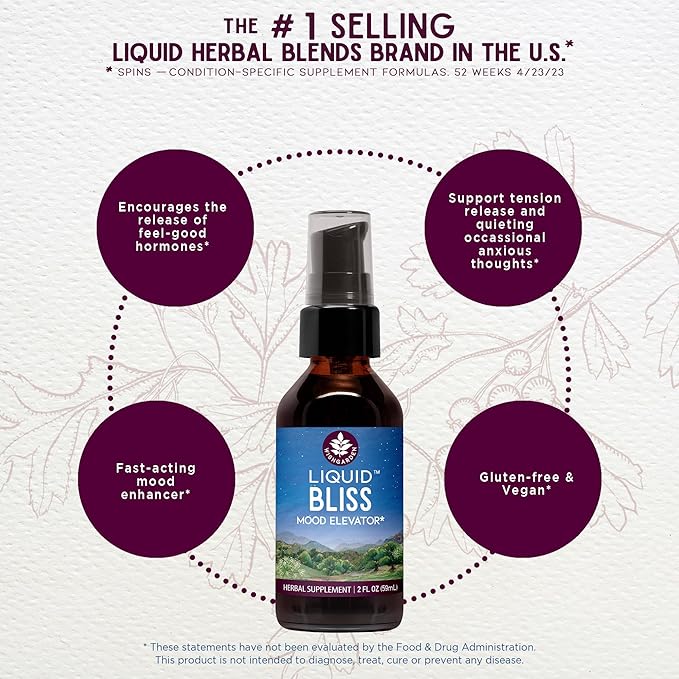 WishGarden Herbs Liquid Bliss Mood Elevator - Plant-Based Herbal Mood Support Supplement, Natural Mood Booster with Organic Cacao, Cotton Root, Passionflower, Increases Sense of Connection, 2oz
