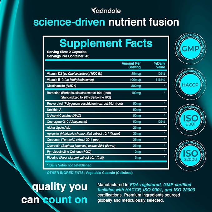 Adndale NAD Supplement for Women and Men. Longevity Formula with Liposomal NAD+, Trans Resveratrol, Urolithin-A, Berberine, CoQ10. NMN Supplement Alternative. 90 Count