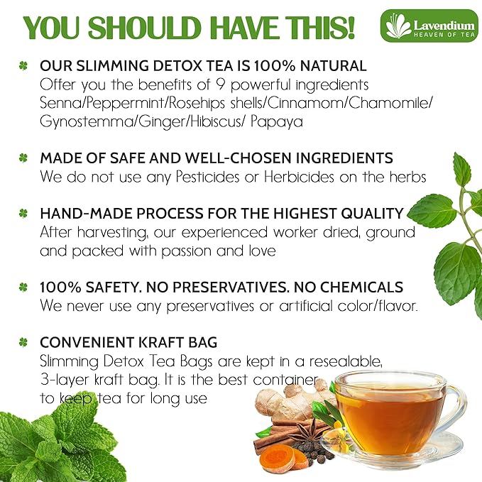 60 Bags - SIimming Detox Tea Caffeine Free - Herbal Tea with Chamomile, Hibiscus Tea & Ginger Root for Colon Cleanse – Natural Citrus & Cinnamon Herbal Tea for Digestive Health