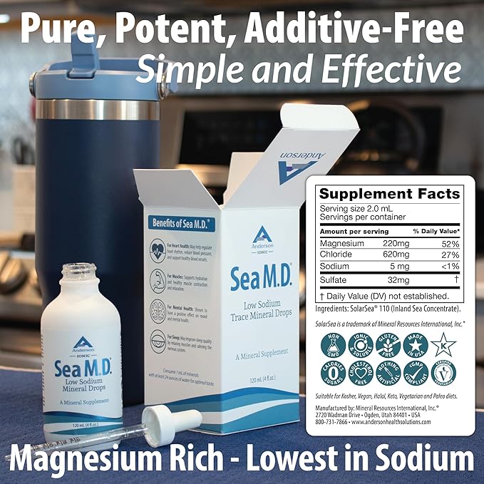 Anderson Sea M.D. Concentrated Trace Mineral Drops, Ionic Electrolyte Magnesium Supplement, Liquid Magnesium, Easy to Take, 4 fl oz, 60 Servings in Glass Bottle