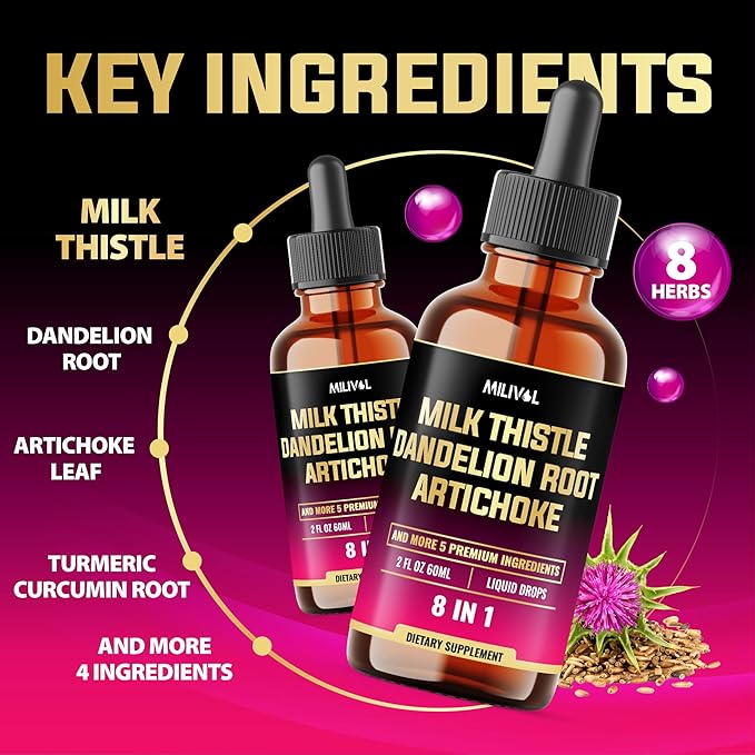 8in1 Milk Thistle Liquid Drops with Dandelion Root Extract, Artichoke Tincture, Turmeric Curcumin, Schisandra Berry, Chanca Piedra, Peppermint and Beet Root - 60 Days Supply - 2 Fl Oz