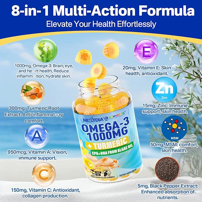 Vegan Omega-3 Gummies 1000mg + Turmeric - Omega 3 Fish Oil Alternative for Adults - Algae DHA 600mg & EPA 300mg, Vitamins A, C, E, Zinc & MSM, Sugar Free, 60 Cts