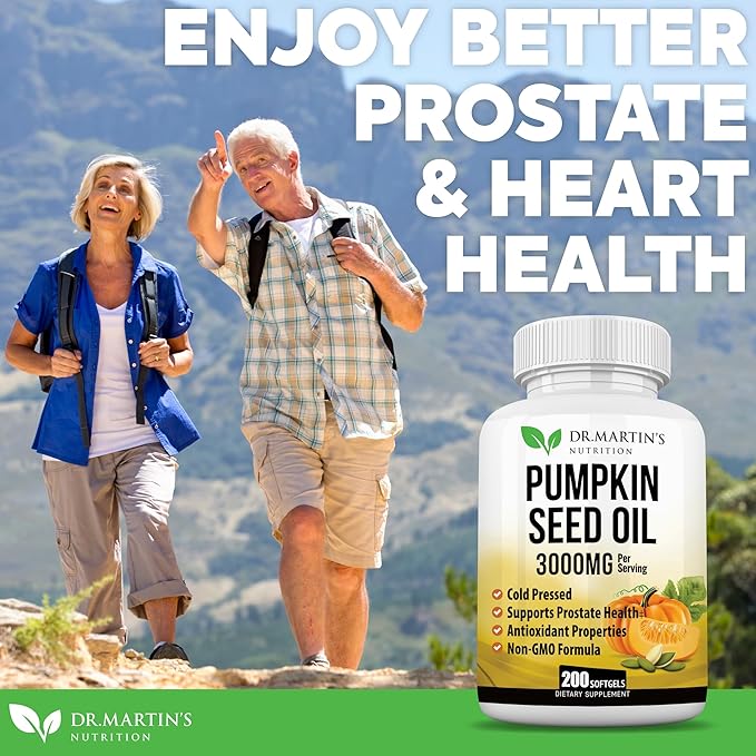 3000mg Cold Pressed Pumpkin Seed Oil | DHT Blocker | Promotes Hair Growth | Supports Heart, Skin, Prostate & Urinary Health | Contains Vitamins, Minerals & Omega 3, 6 & 9 For Anti-Aging | 200 Softgels