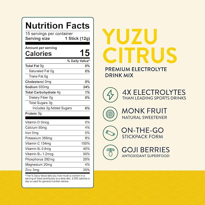 Yuzu Citrus Electrolytes Powder Packets – Electrolyte Drink Mixes with Vitamins C, B6, B12 – 1270mg Electrolytes + Goji Berry – 15 On-The-Go Hydration Powder Packets – Low Sugar, Monk Fruit Sweetened