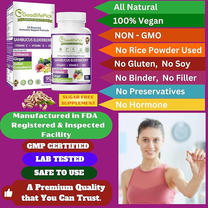 7 in 1 Elderberry with ZINC, Vitamin C, Vitamin D, Echinacea, Ginger & Indian Gooseberry (Amla).Premium Elderberry Capsules 90 ct, All Natural,Non-GMO,Vegan,No Rice Powder, No-Gluten